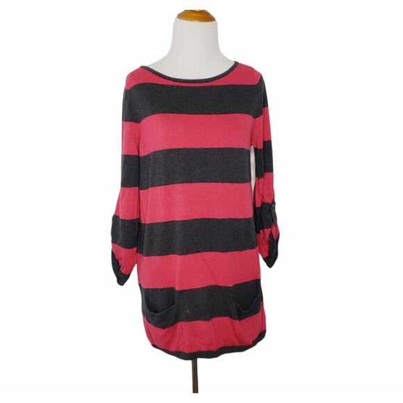 Caslon Tunic Sweater Striped Pink Gray Roll Tab S - Picture 1 of 10